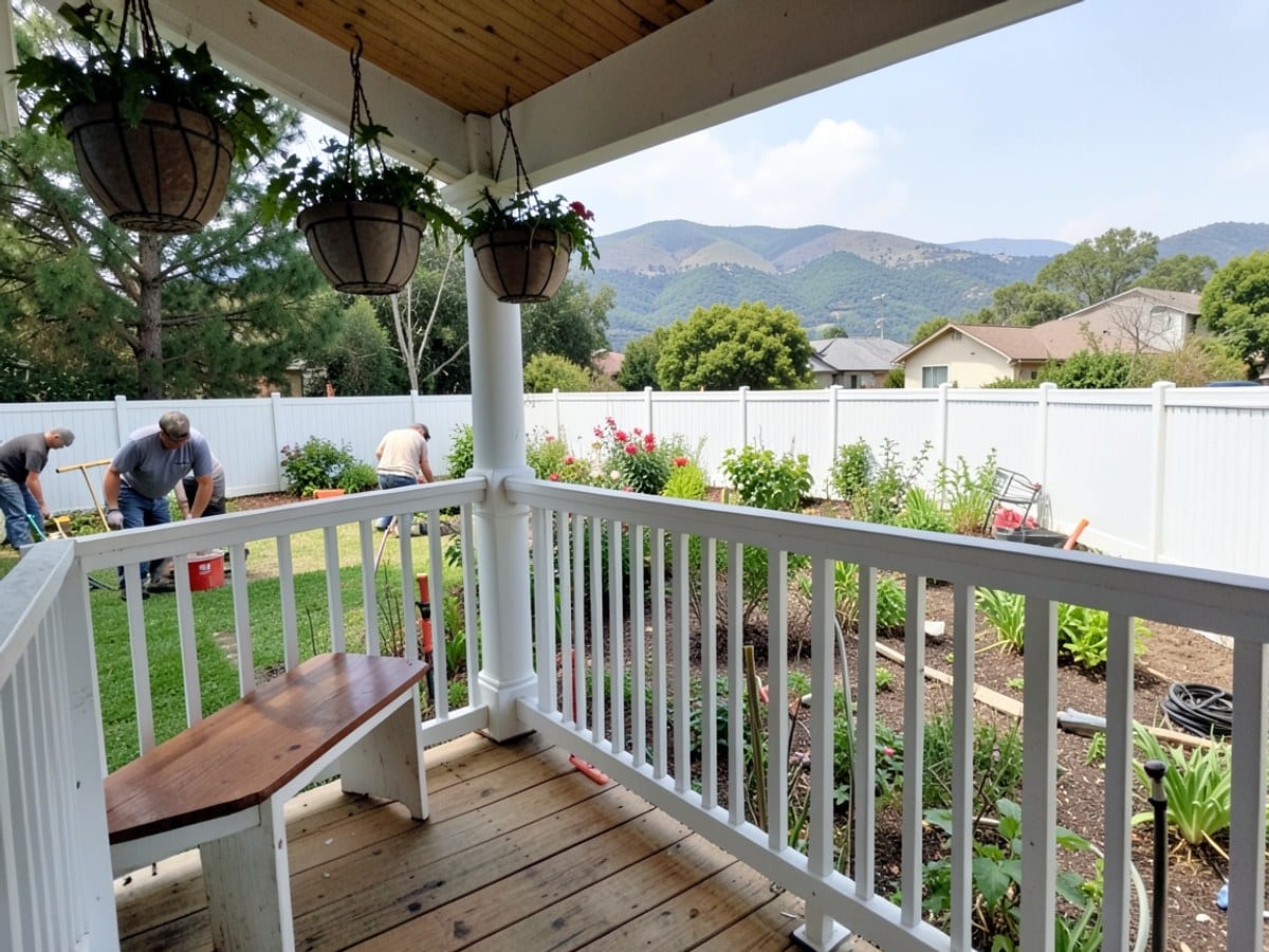 wooden porch with white railing, hanging baskets, and a bench overlooks a garden and distant hills, enclosed by a white fence.