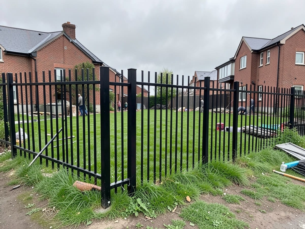 black metal fence with vertical bars and horizontal supports encloses a lush green lawn, separating it from red brick buildings and a gray sky.