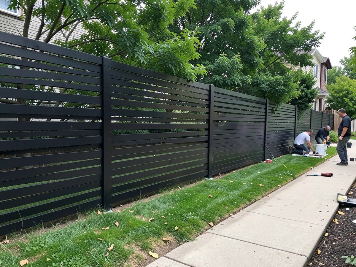modern black fence, composed of horizontal slats, separates a lawn from a sidewalk and lush greenery, creating a sense of privacy and tranquility.