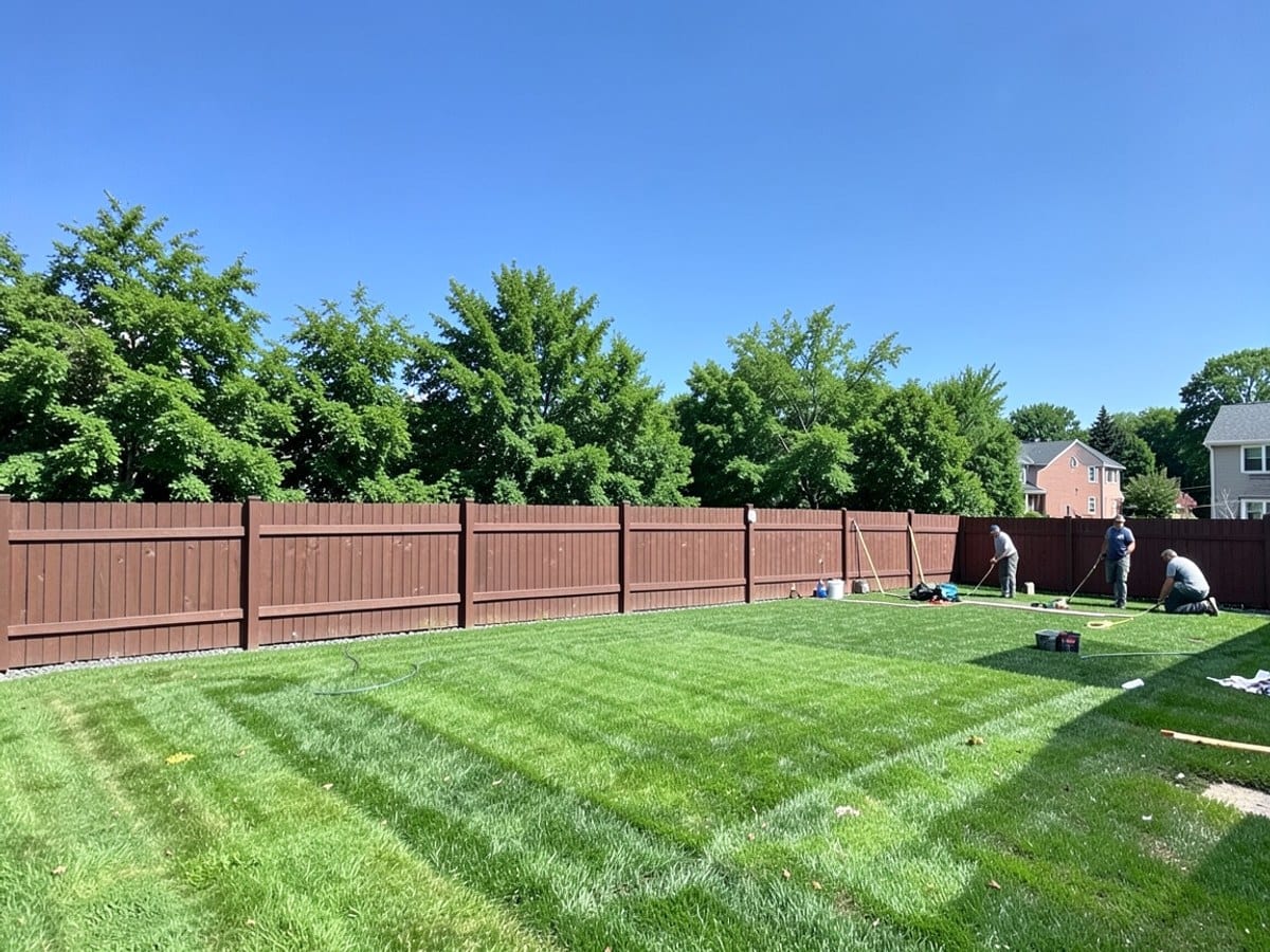 wooden fence, painted brown, encloses a well-manicured green lawn, separating it from trees and a clear blue sky.