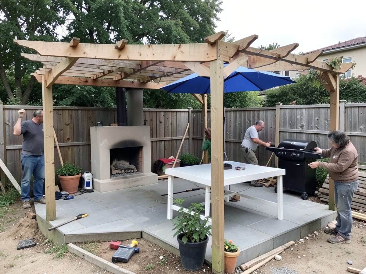 wooden pergola houses a fireplace, shaded patio, and white table with blue umbrella, accompanied by a grill and potted plants in a backyard setting.