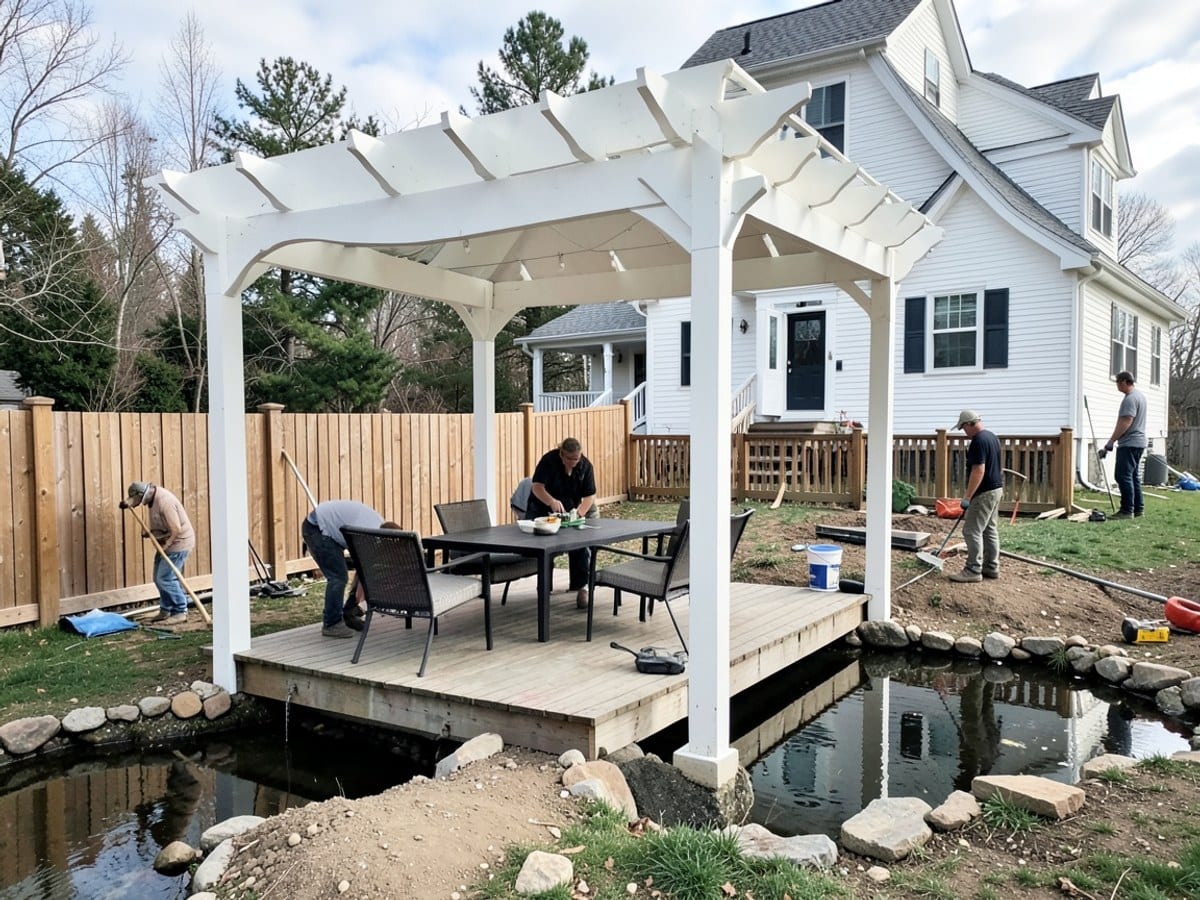 white wooden pergola shelters a patio with seating over a small pond, connecting to a white house with a similar design in the background.