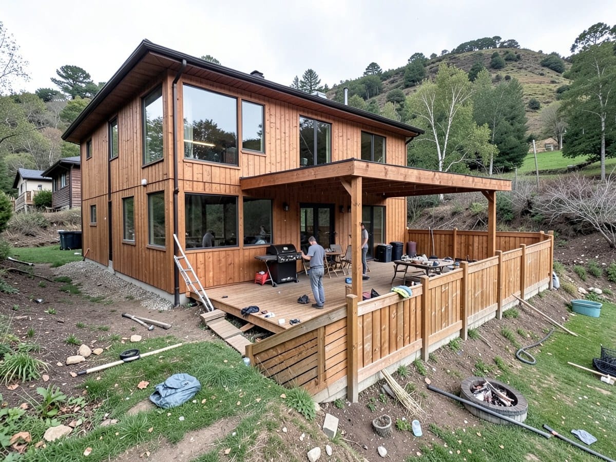 modern two-story house with a wooden exterior and large windows sits on a hill, surrounded by a wooden deck, a covered patio, and a spacious backyard with a fire pit and grill.