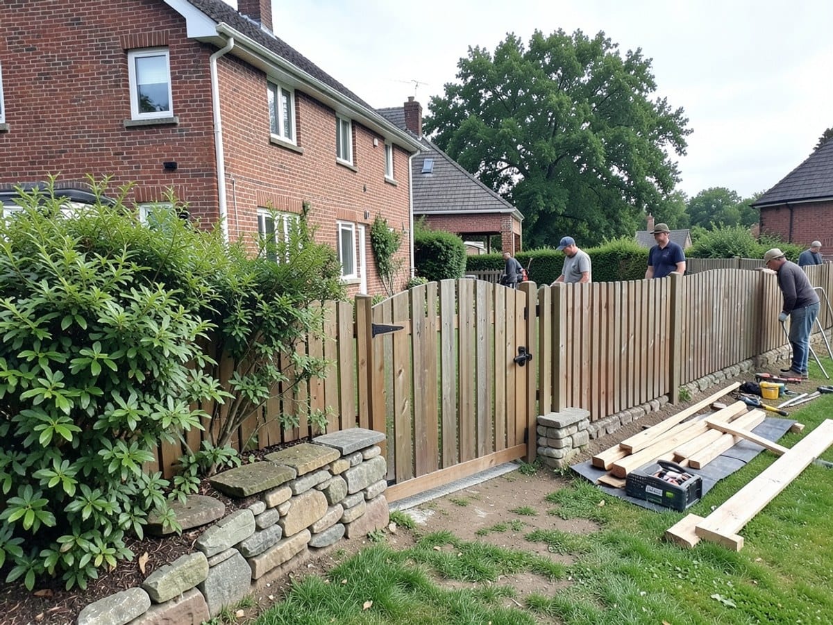 wooden fence with a gate and stone foundation encloses a red brick house, accompanied by green bushes, a lawn, and a distant tree.