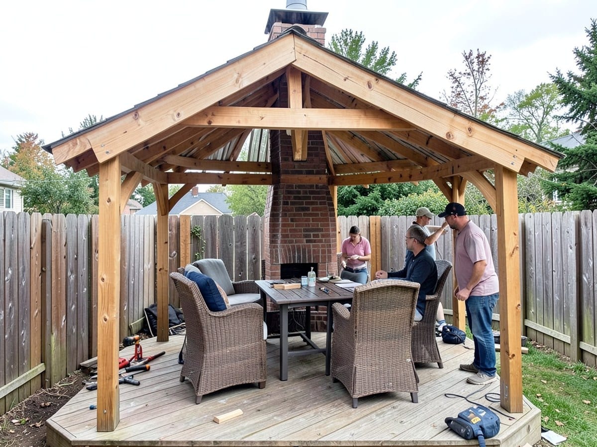 wooden pergola with a triangular roof and chimney encloses a cozy outdoor seating area, featuring wicker furniture and a wooden deck with a table and chairs.