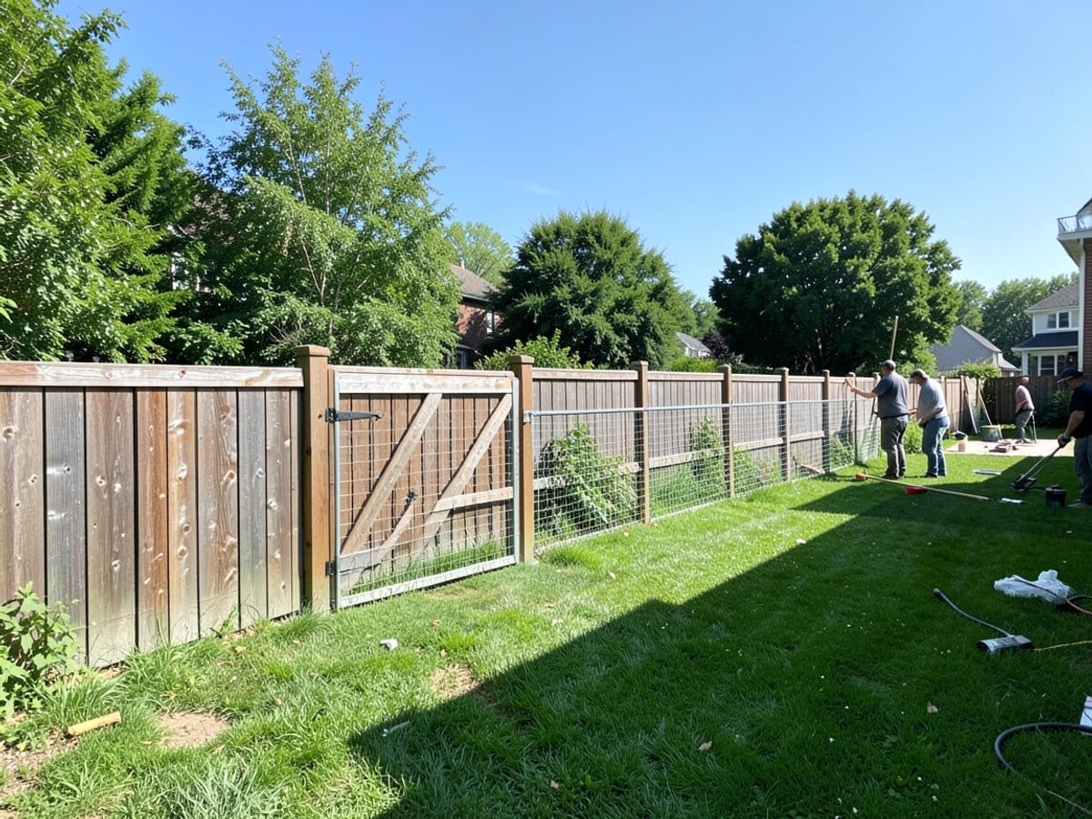 wooden fence with a gate and netted section encloses a lush green lawn and trees, with a clear blue sky overhead.
