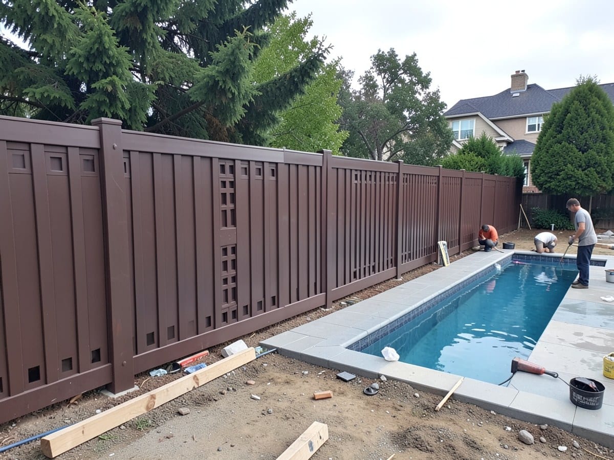 brown fence with vertical panels and square-patterned blocks surrounds a swimming pool, accompanied by trees and a house in the background.