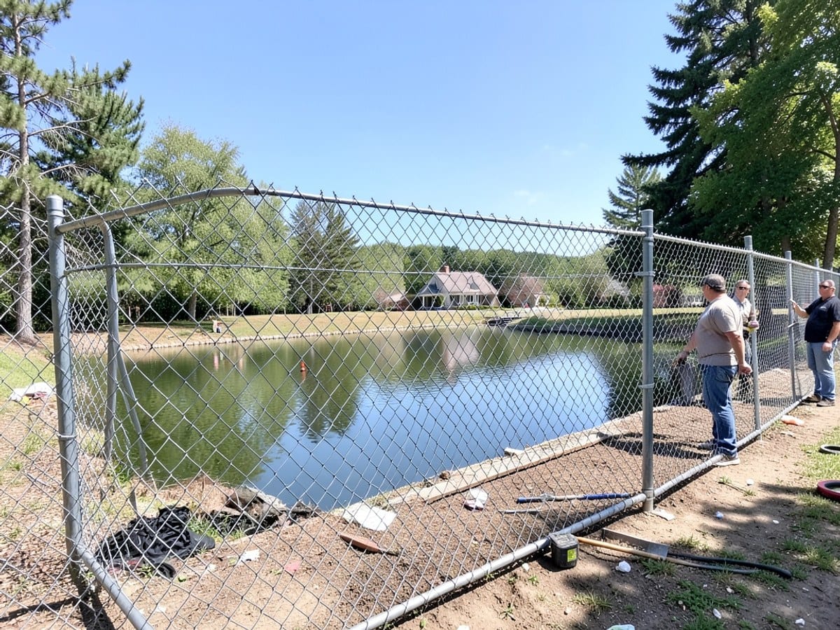 chain link fence encloses a serene pond, surrounded by trees and a house in the distance, under a blue sky.