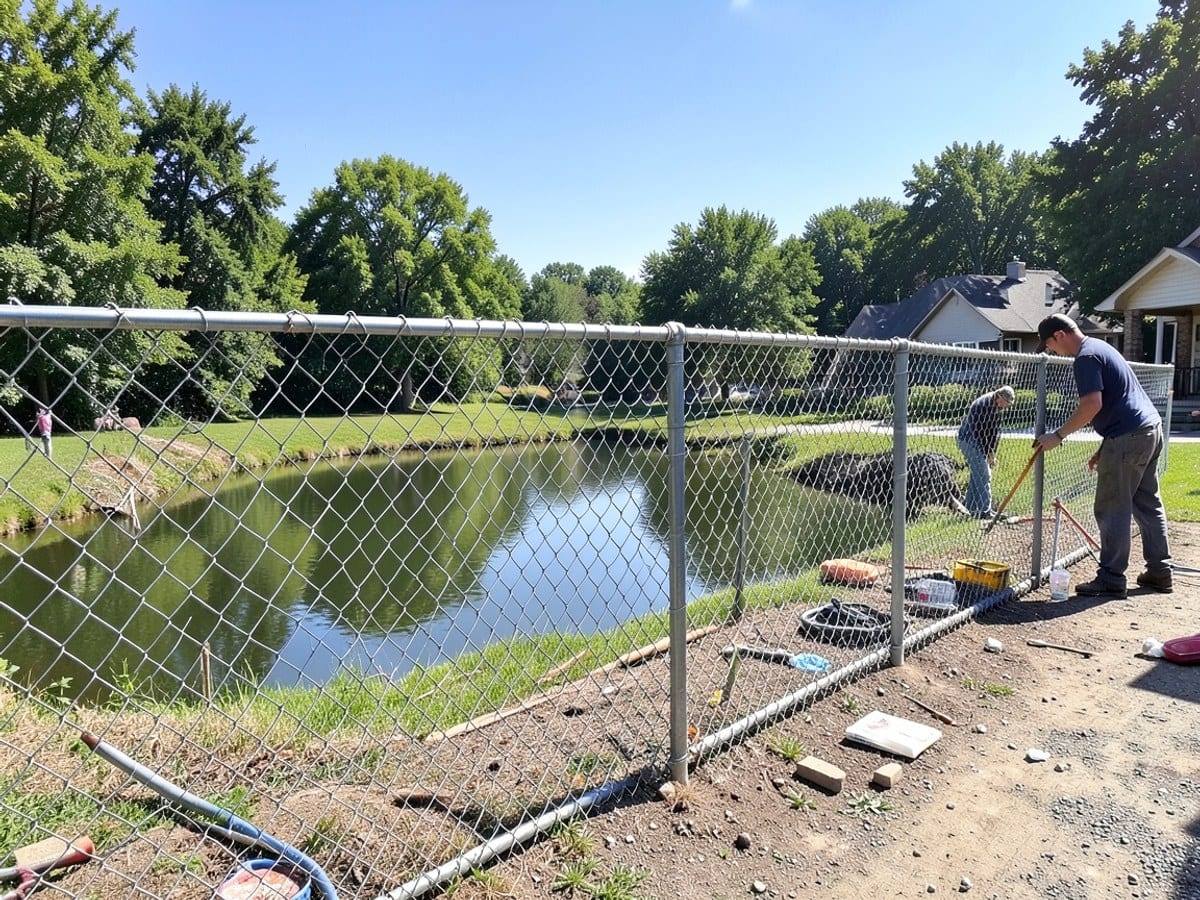 chain link fence encloses a serene pond, surrounded by trees and a house in the distance, under a blue sky.