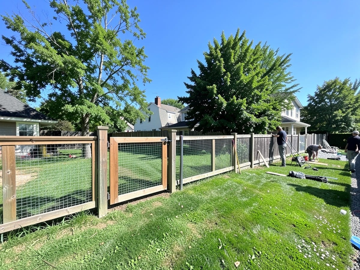 wooden fence with a gate and netting encloses a lush green lawn and trees, with a clear blue sky overhead.