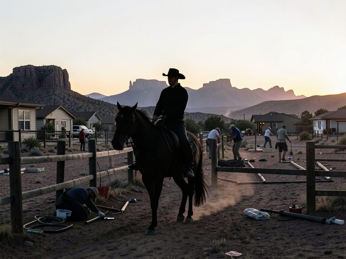 silhouetted cowboy on a horse rides through a desert landscape during sunset, with rock formations in the distance.