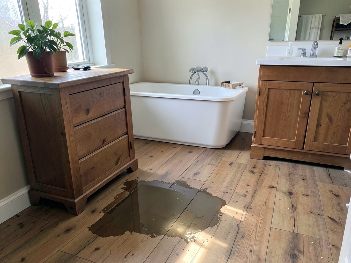 bathroom scene features a wooden floor with a puddle, a wooden vanity with a plant, a white bathtub, and a sink with a mirror.