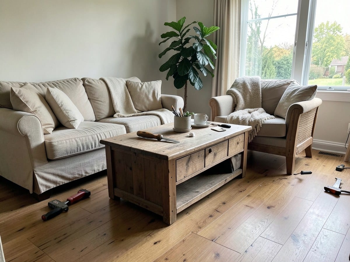 cozy living room features a beige sofa, wooden coffee table, and armchair, with a green plant, large window, and wooden floor adding to the welcoming ambiance.