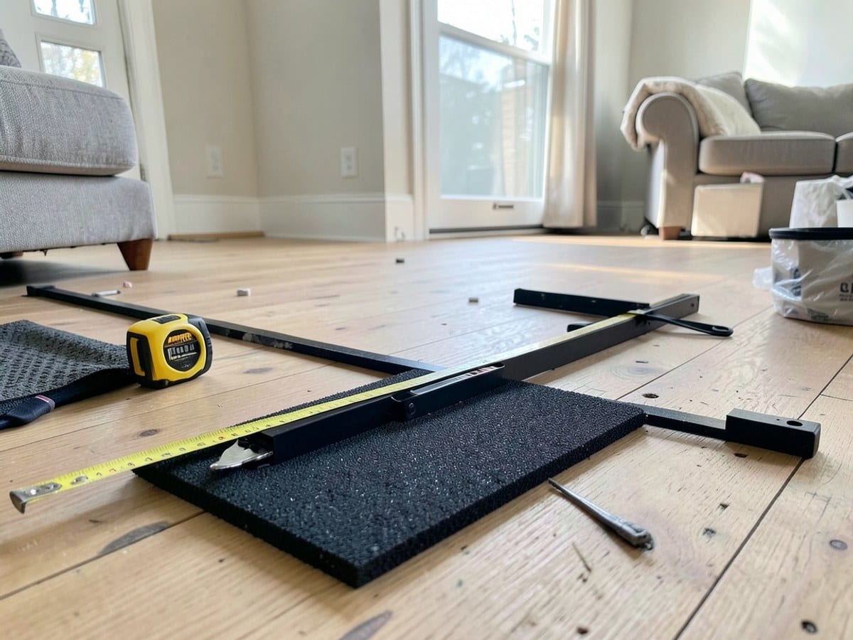 wooden floor under construction is adorned with a black foam pad, utility knife, yellow tape measure, and black floor level, suggesting careful planning and execution.