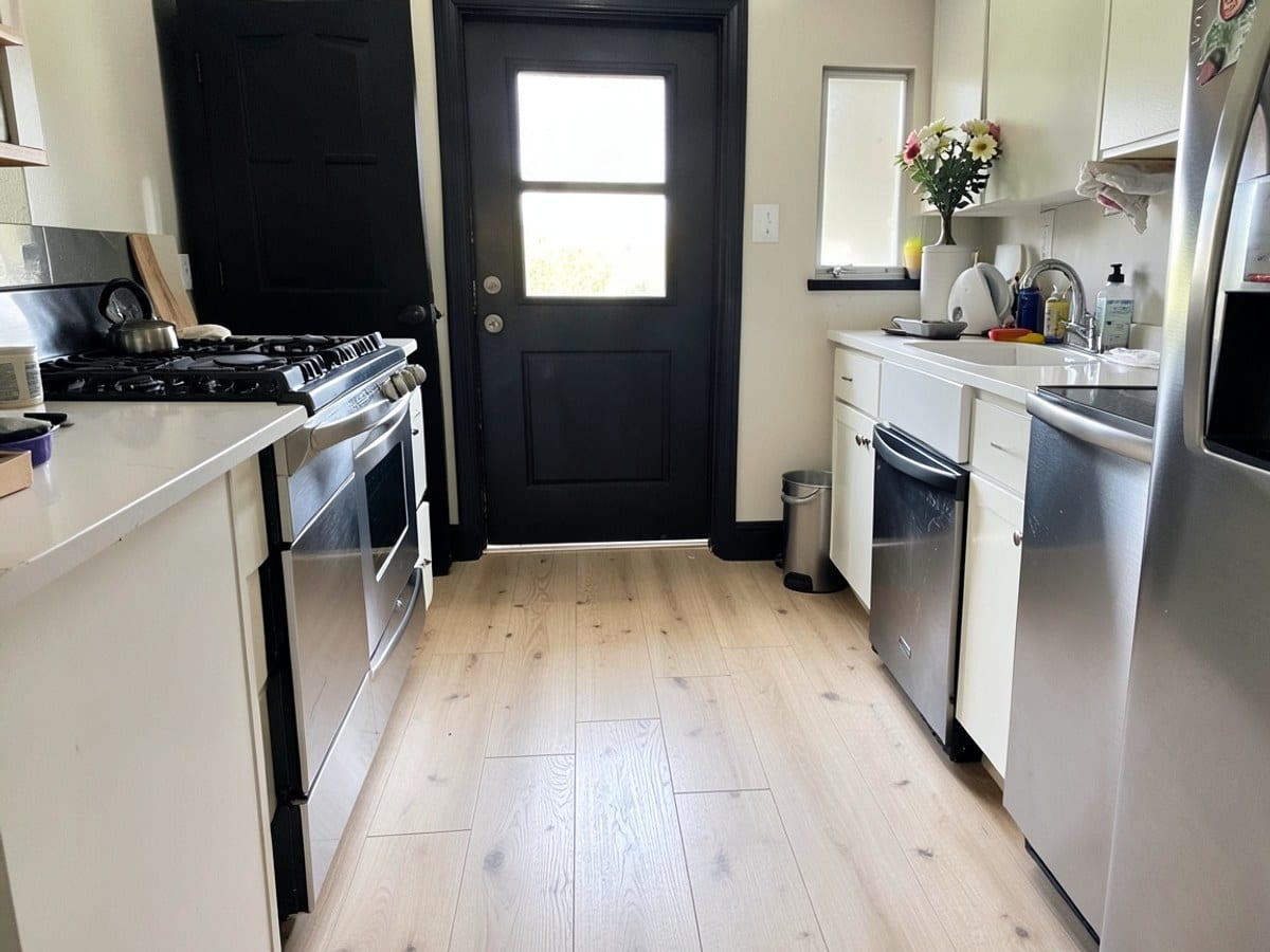 kitchen scene features a light-colored wooden floor, black door with two windows, stainless steel appliances, and a white counter with a sink and flower vase.