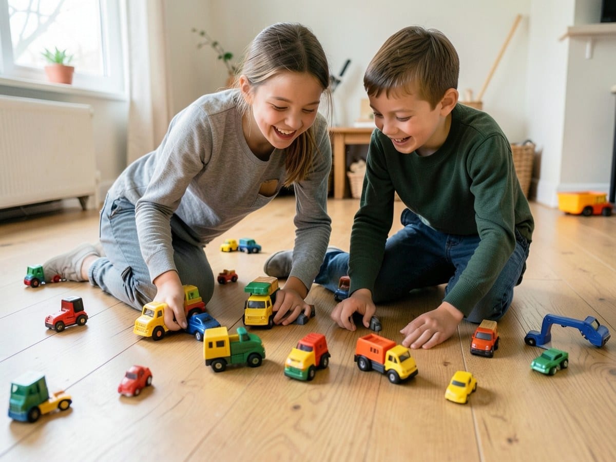 mother and son, dressed in gray and green, play with colorful toy trucks and cars on a wooden floor, sharing a moment of joy.