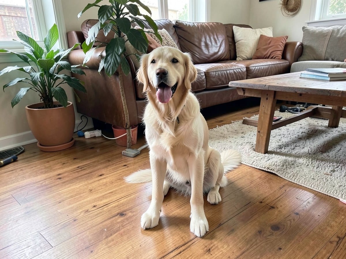 golden retriever sits on a wooden floor, its tongue out, in a cozy living room with a green plant, brown leather couch, and wooden coffee table.