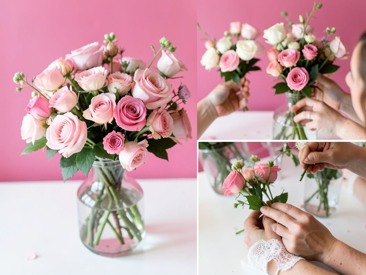 glass vase holds a bouquet of pink roses and flowers on a white surface, arranged in a circular pattern against a solid pink background.
