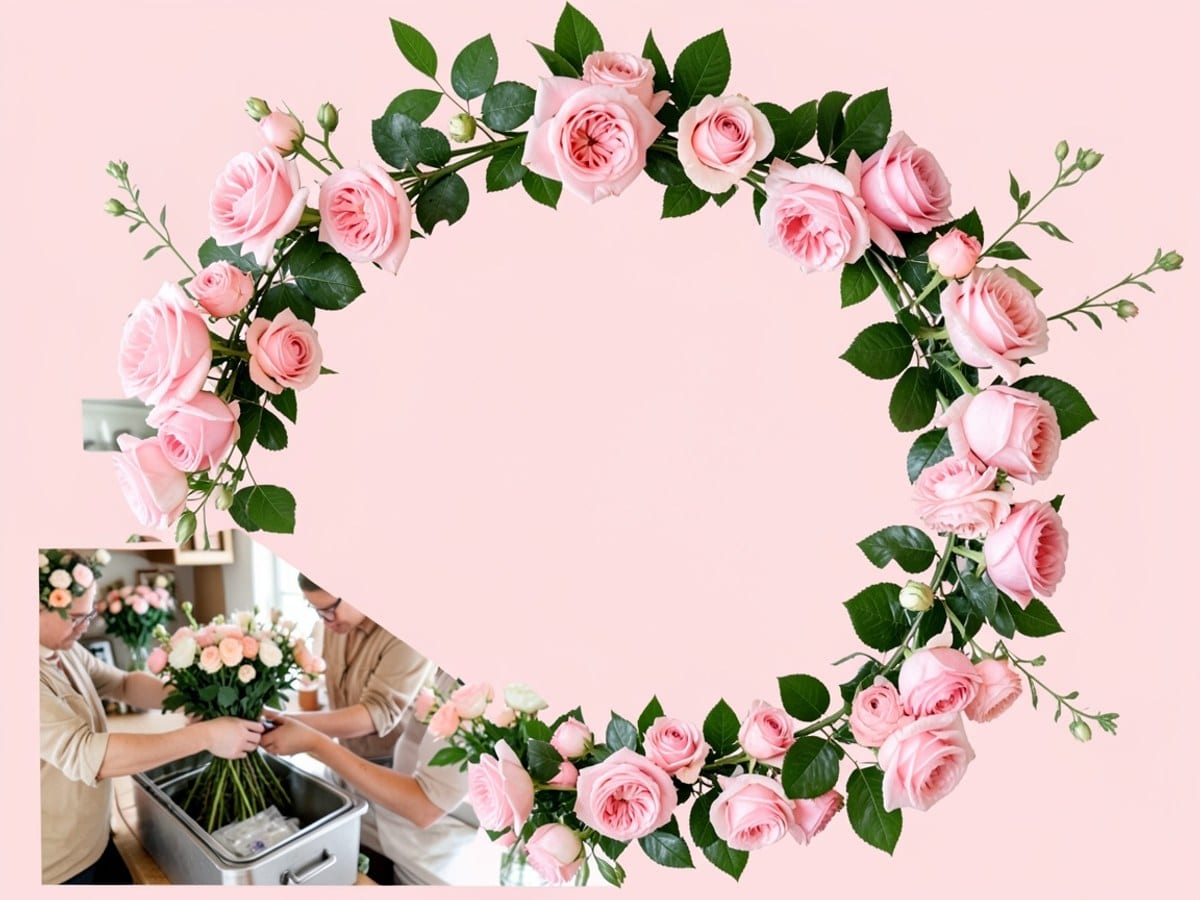 floral frame of pink roses and green leaves surrounds a blank center space on a light pink background.