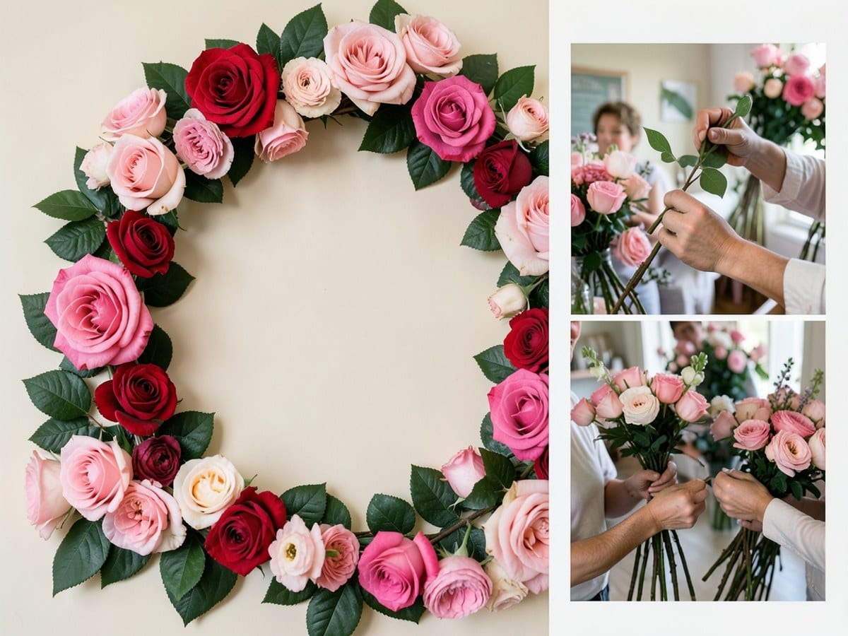 floral frame of pink and red roses and pink roses is arranged on a light beige background, with a dark green leaves border.