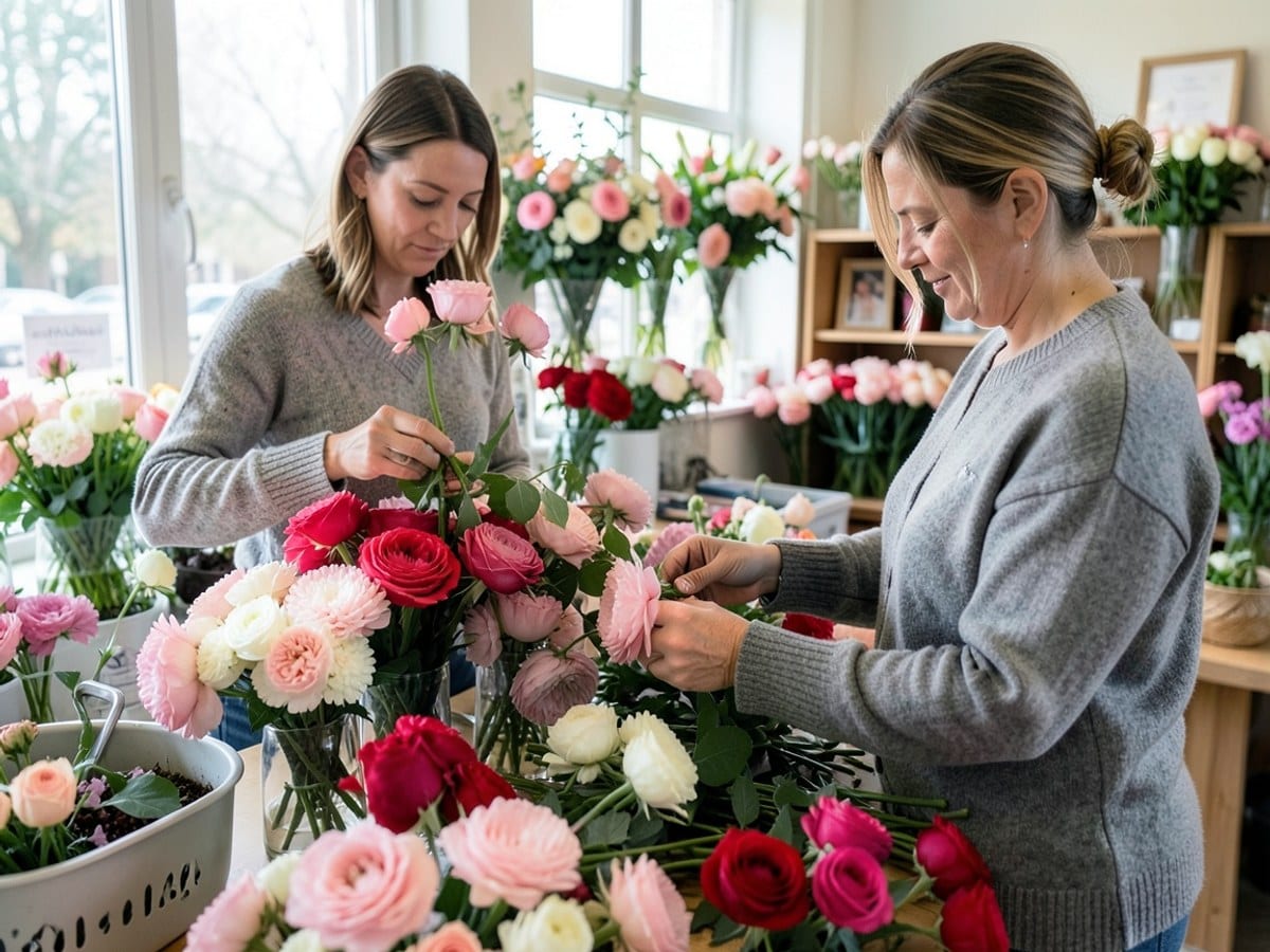 woman in a gray sweater arranges pink, white, and red flowers on a table in a vibrant flower shop.