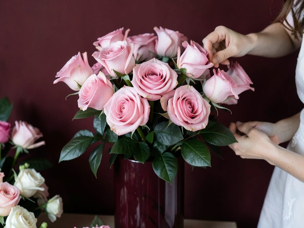 bouquet of pink roses in full bloom, with dark green leaves, sits in a burgundy vase against a contrasting dark red background.