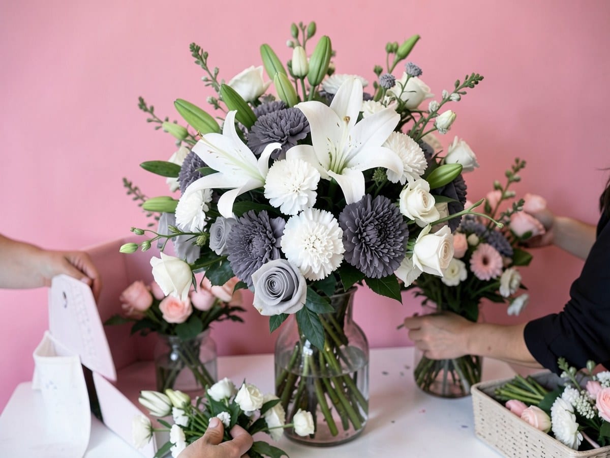 black and white bouquet of vibrant flowers, including lilies, carnations, and roses, is arranged in a glass vase against a solid pink background.
