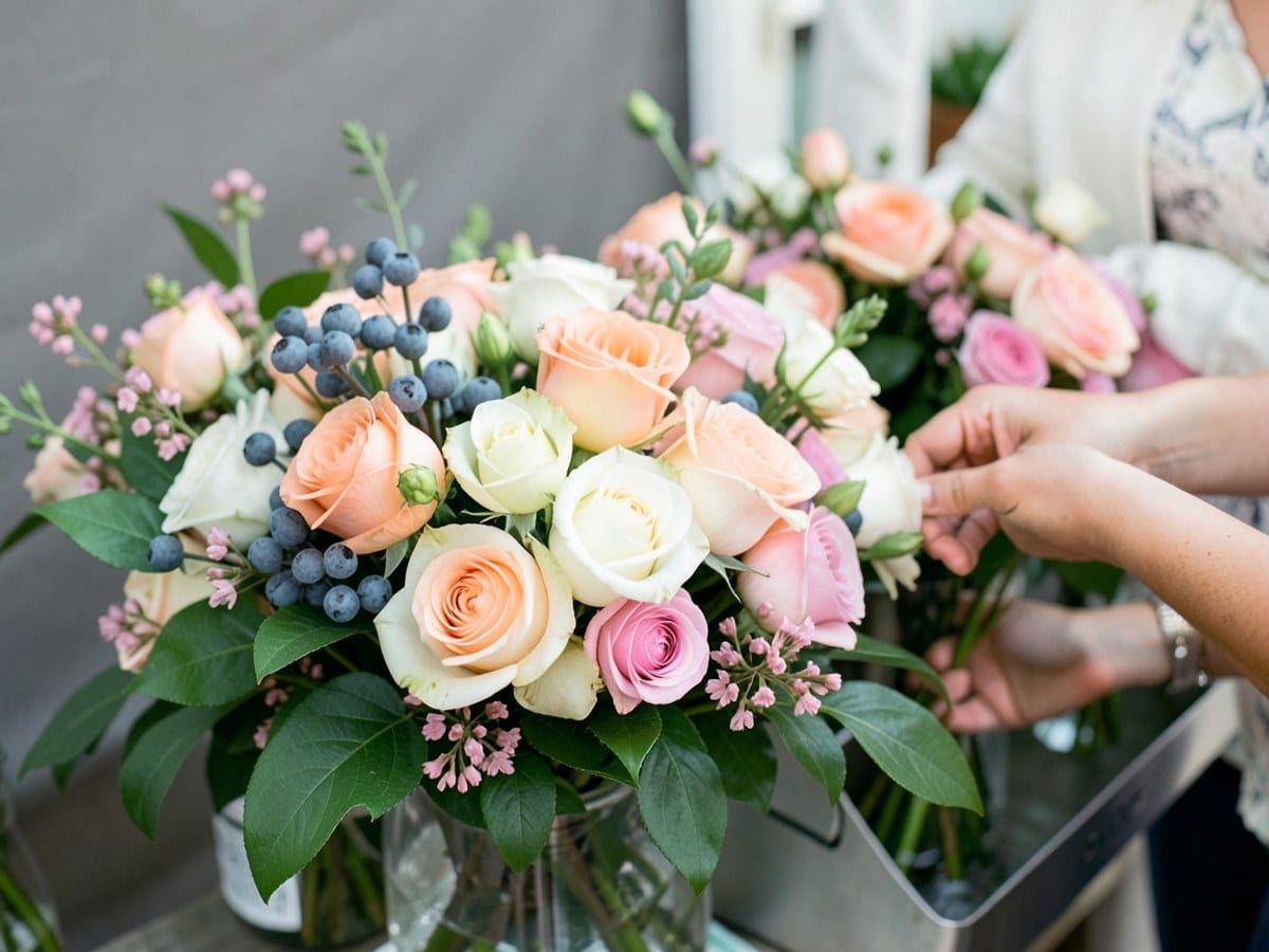 floral arrangement features peach, white, and pink roses with blue berries lush, green leaves, and small pink flowers, set against a blurred gray background.