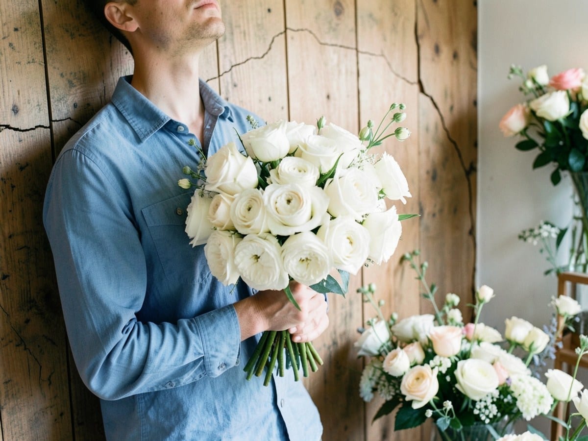 person in a blue shirt holds a bouquet of white flowers against a wooden wall with cracks, displaying a sense of calmness.