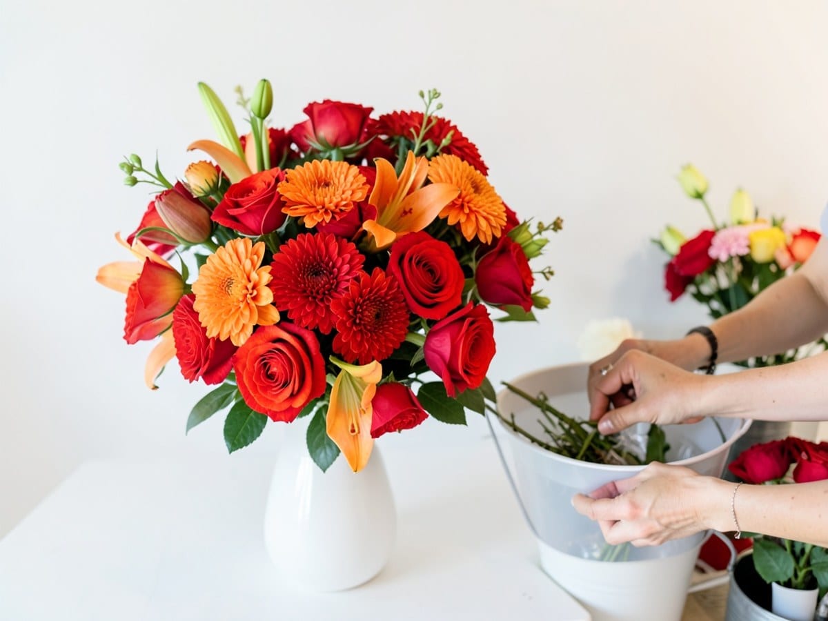 white vase holds a vibrant bouquet of red and orange flowers, including roses, lilies, and chrysanthemums, arranged in an oval shape against a plain white background.