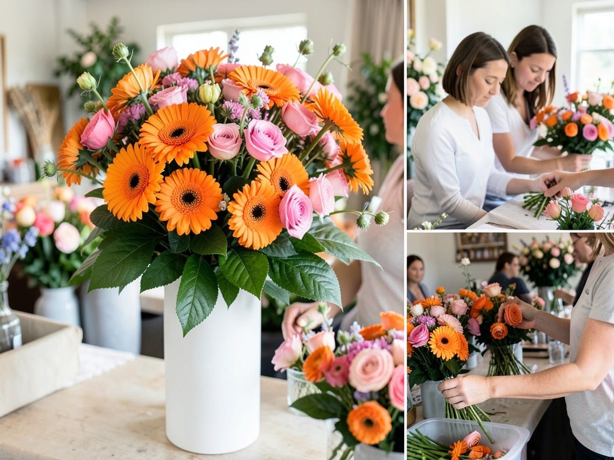 vibrant bouquet of orange gerberas, pink roses, and orange and pink flowers is arranged in a tall white vase, with green leaves and stems adding contrast.