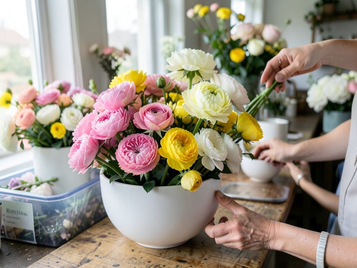 white bowl holds a vibrant assortment of pink, yellow, and white flowers, illuminated by soft lighting.