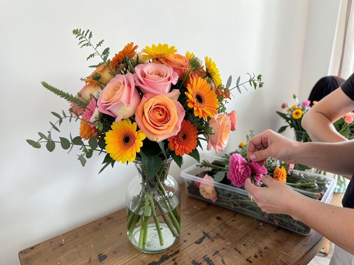 glass vase holds a vibrant bouquet of pink and orange roses, yellow and orange daisies, and greenery, set on a wooden table against a white wall.