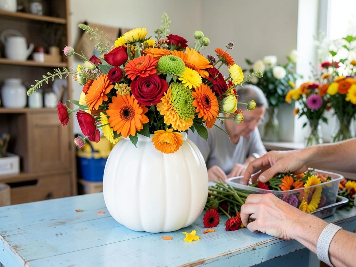 white pumpkin-shaped vase overflows with a vibrant autumn bouquet of red, orange, yellow, and green flowers, arranged on a light blue wooden surface.