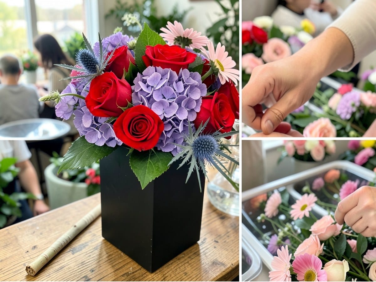 black square vase holds a vibrant bouquet of red roses, purple hydrangeas, blue thistle, and pink daisies, arranged on a wooden surface with two sticks.