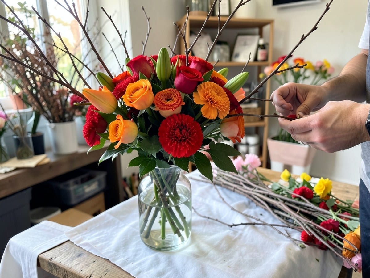 glass vase holds a vibrant bouquet of orange and red roses, carnations, and lilies, accompanied by bare branches on a wooden table draped with a white tablecloth.