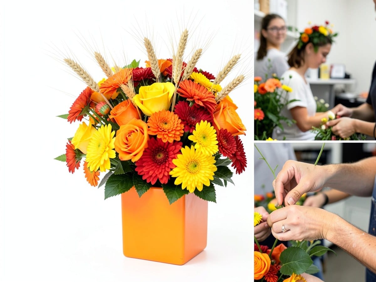 vibrant bouquet of orange and yellow roses, red and yellow chrysanthemums, and wheat stalks is arranged in a square orange vase, set against a stark white background.