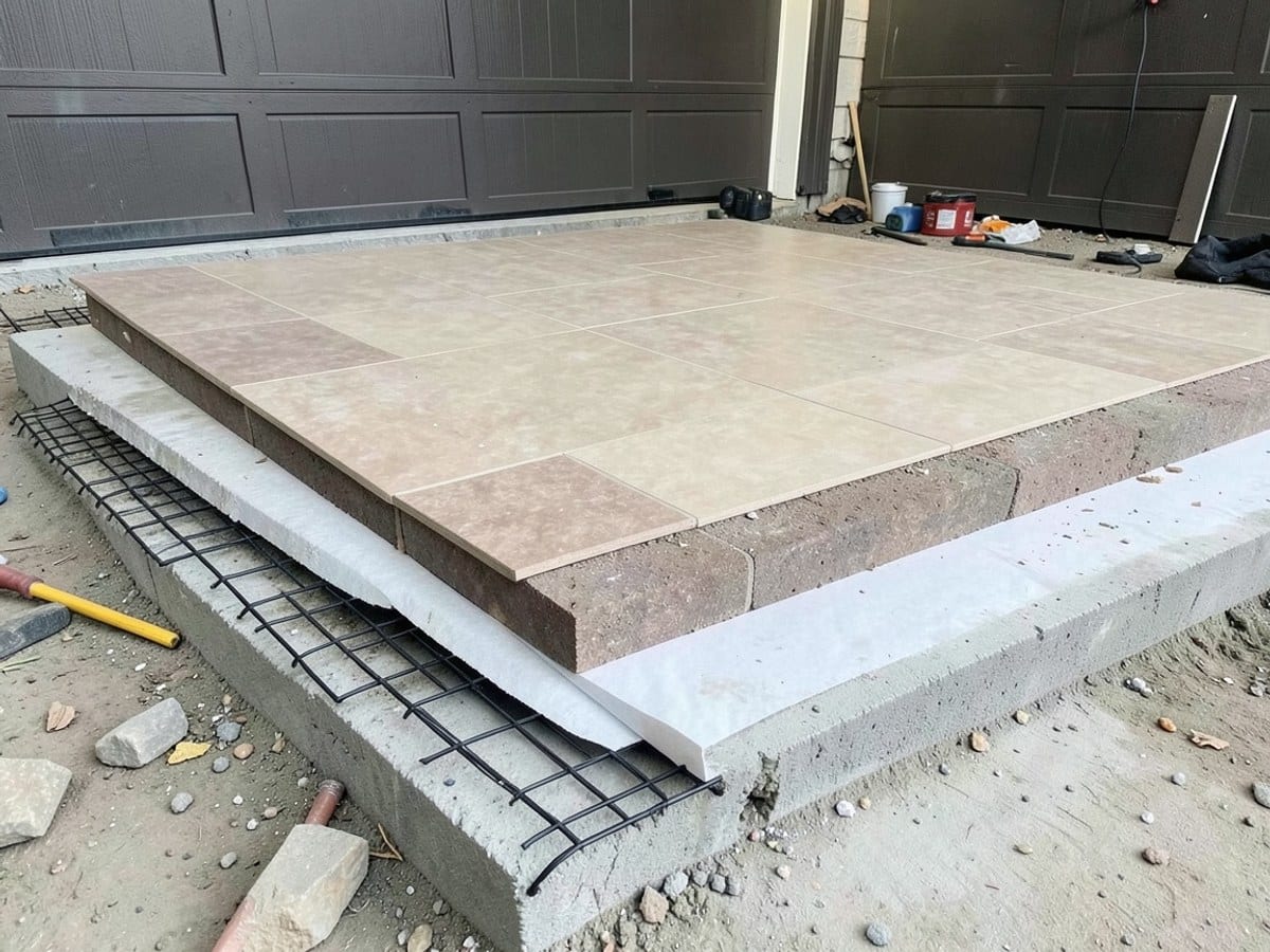 four-layer floor is made of a solid concrete base, a beige tile, a brown tile, and a white paper layer, with a black wire mesh underneath.