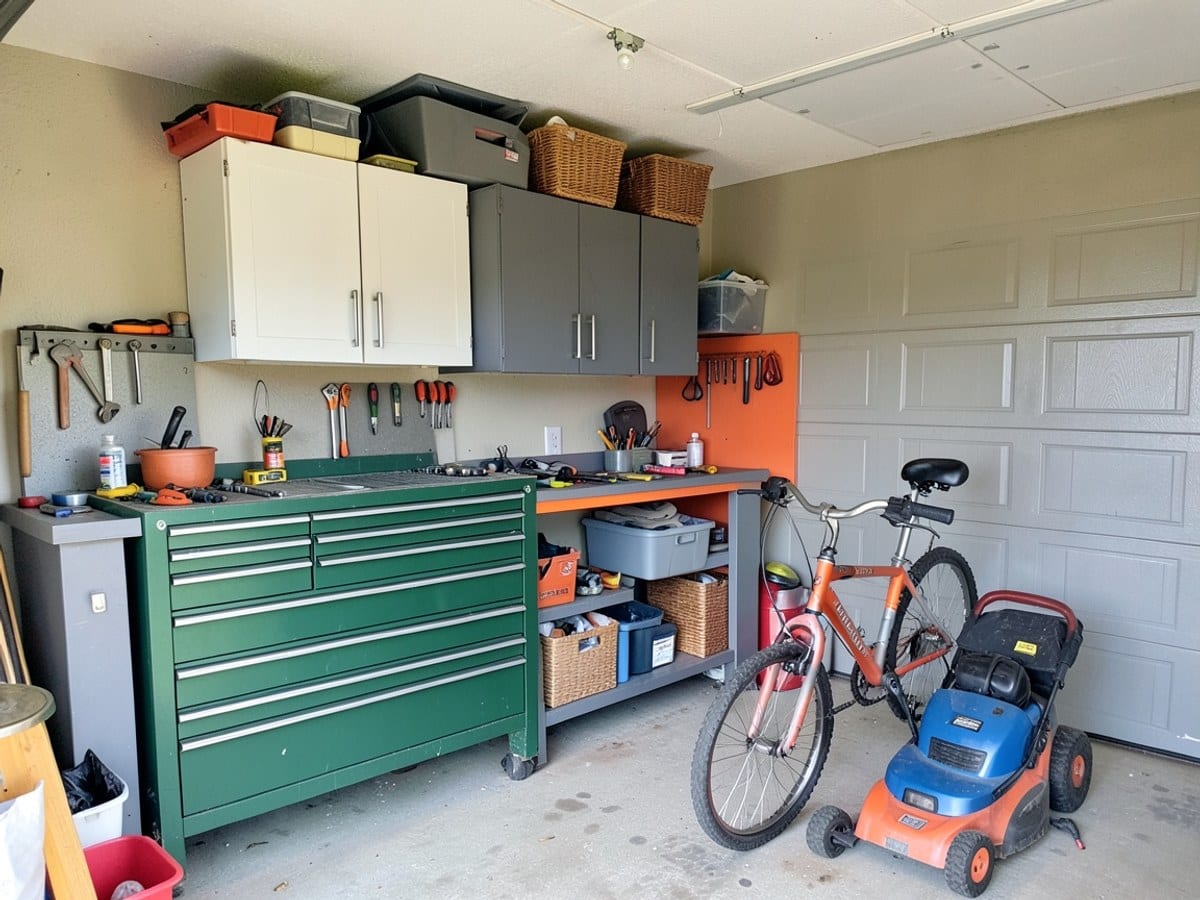 well-organized garage features a large green tool chest, gray and white cabinets, shelves, baskets, and a gray and orange workbench, with a gray and orange bicycle and a blue and orange lawnmower.