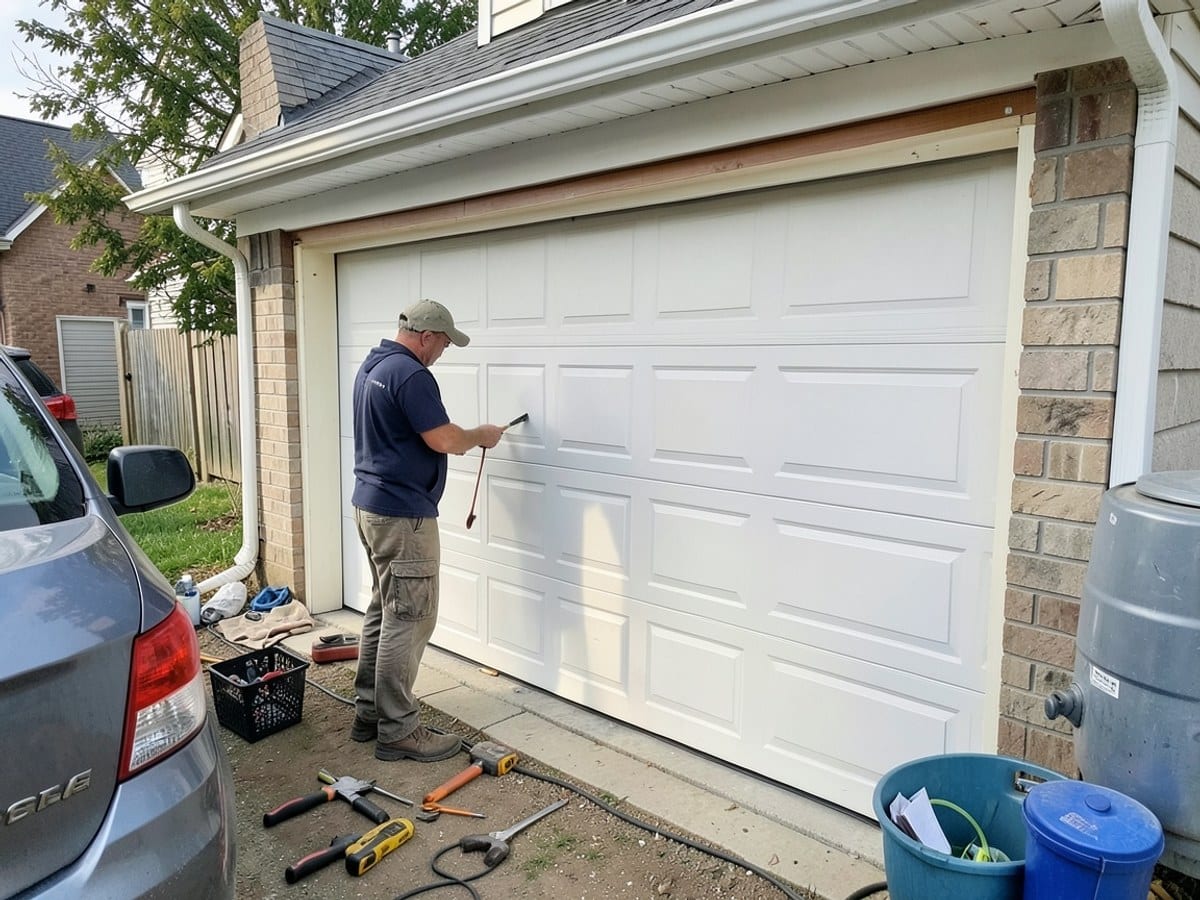well-organized garage space features a white wall with black hooks for bags and tools, a gray floor, and a white door with a black handle.