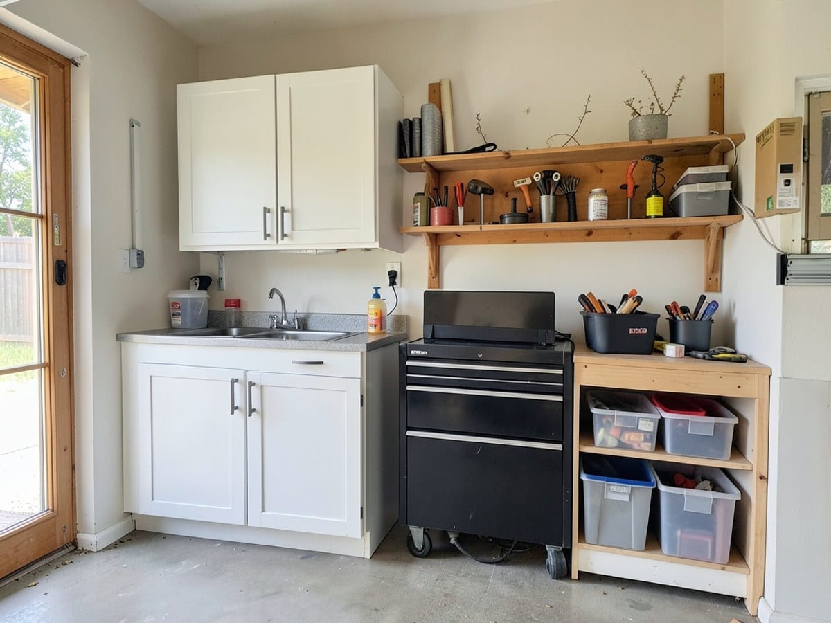 well-organized garage features two white cabinets, a black tool chest, and a wooden shelf with tools and storage bins, bathed in natural light.