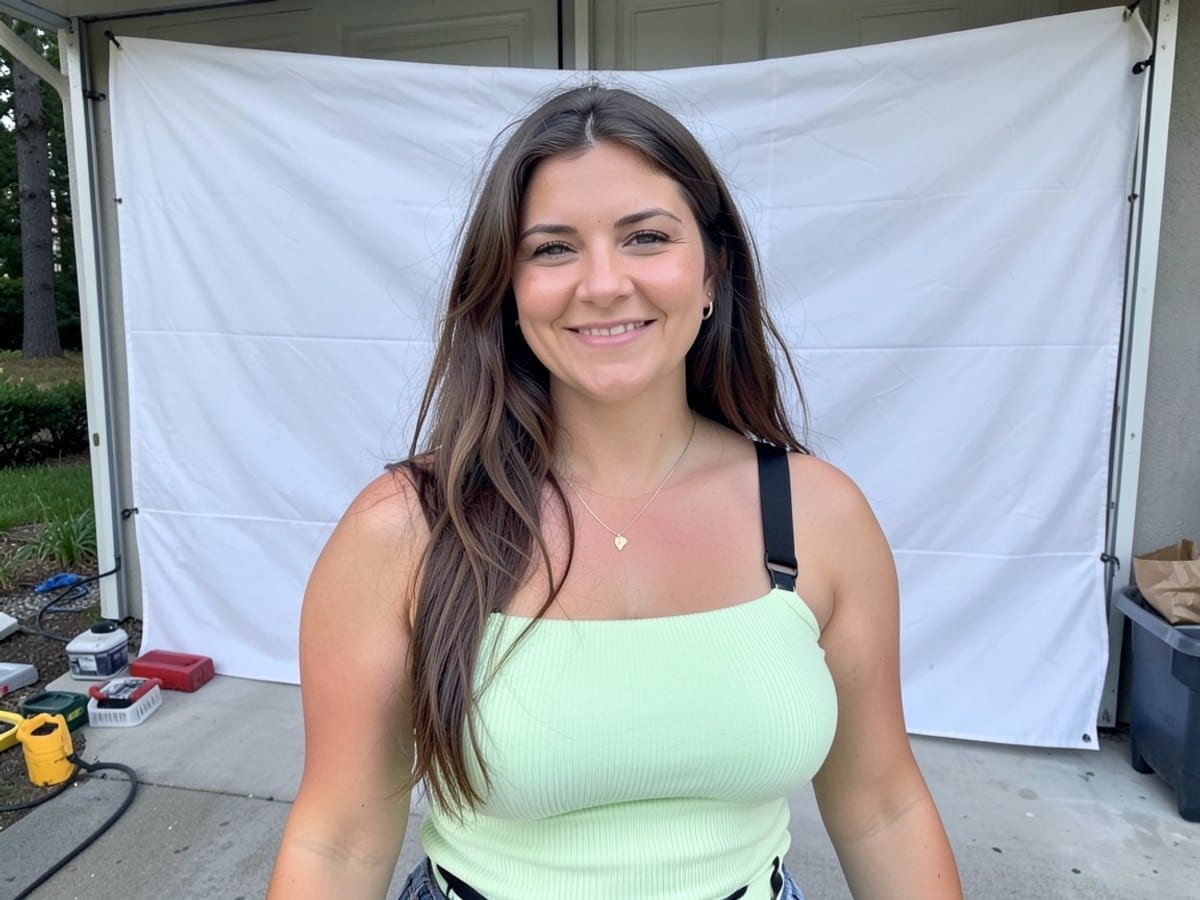 woman with long, brown hair wears a light green, form-fitting top with black straps and a white backdrop.