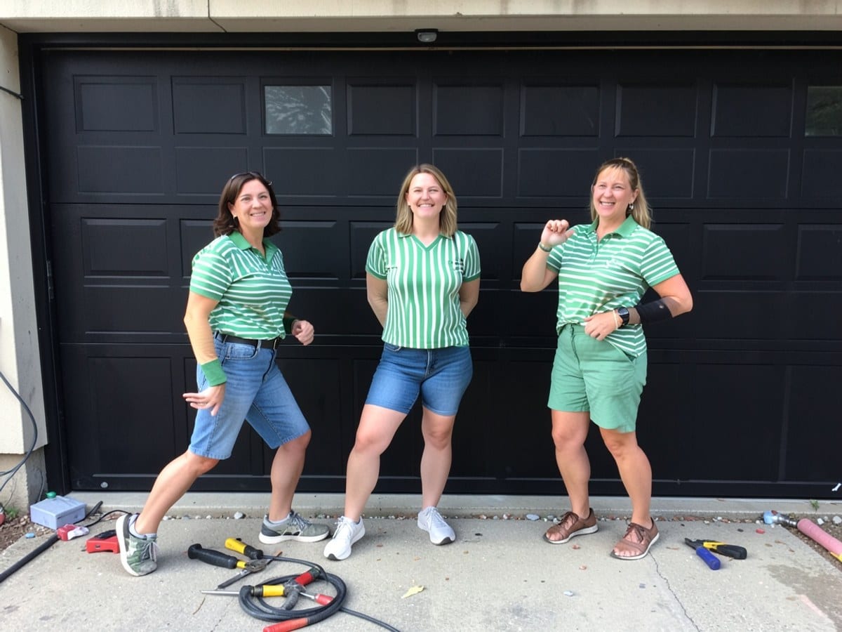 Three women in green and white striped clothing pose dynamically against a black background.