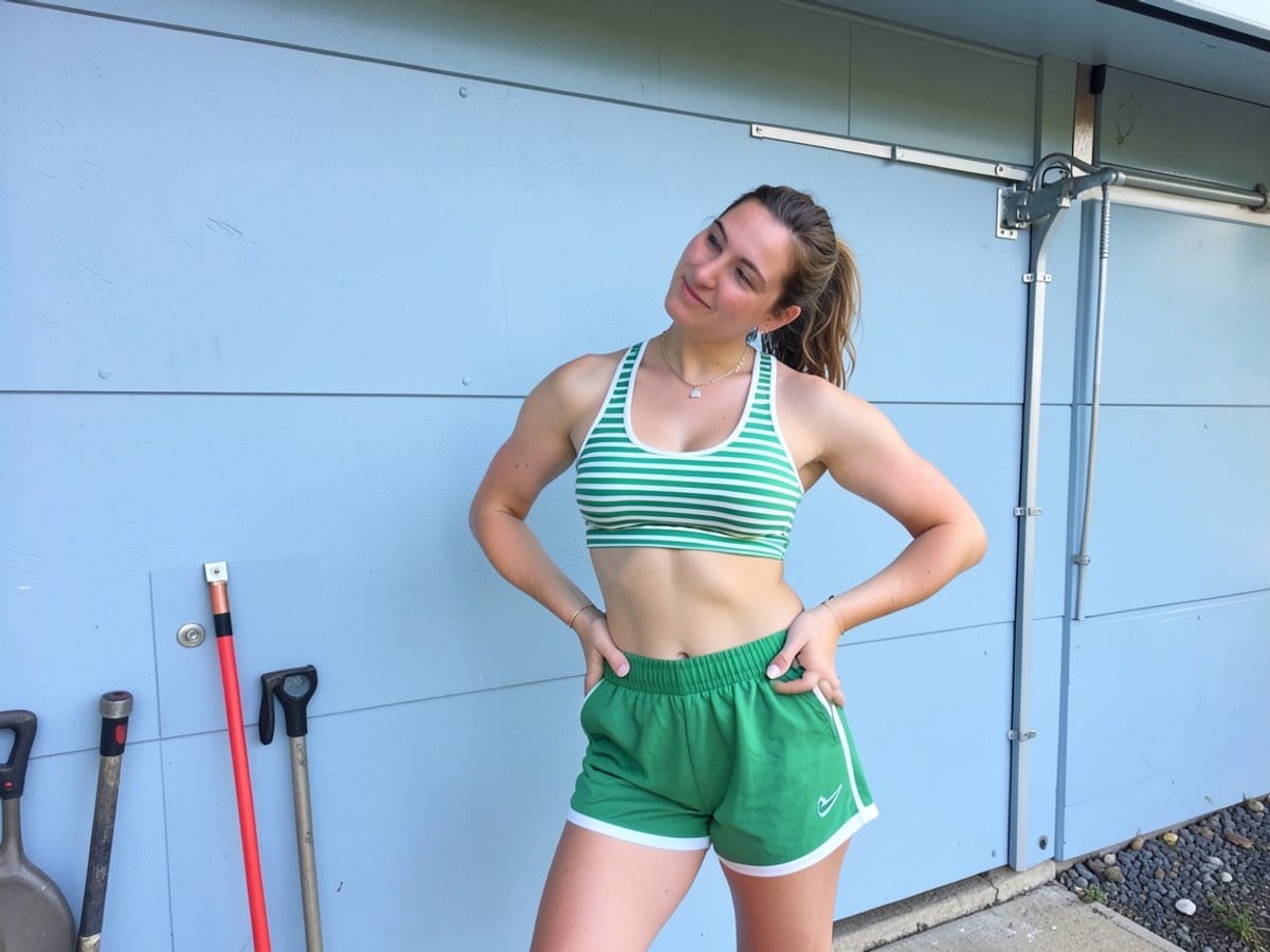 young woman in a green and white striped sports bra and shorts stands against a light blue wall, her hands resting on her hips and head tilted to the side.