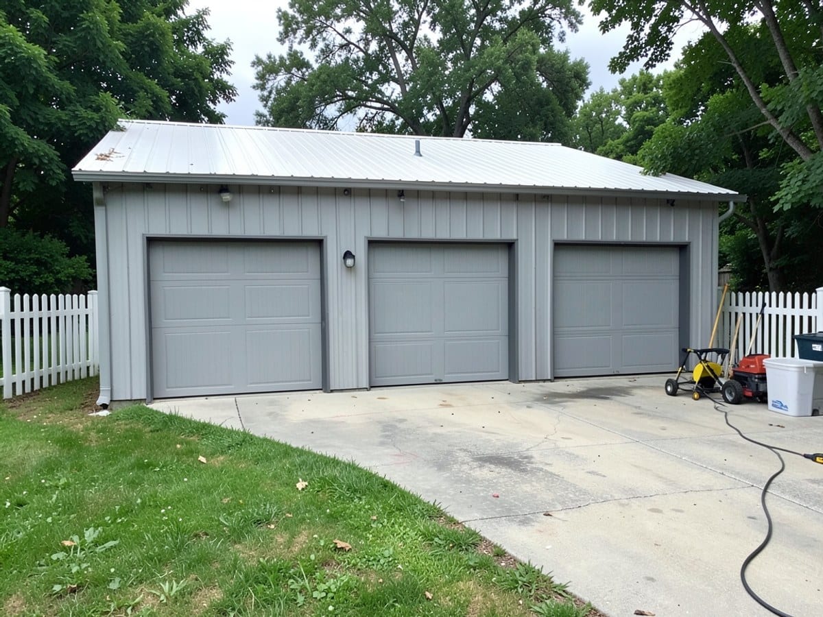 gray metal garage with a white roof, three garage doors, and a white picket fence is situated on a concrete driveway surrounded by a grassy lawn and trees.