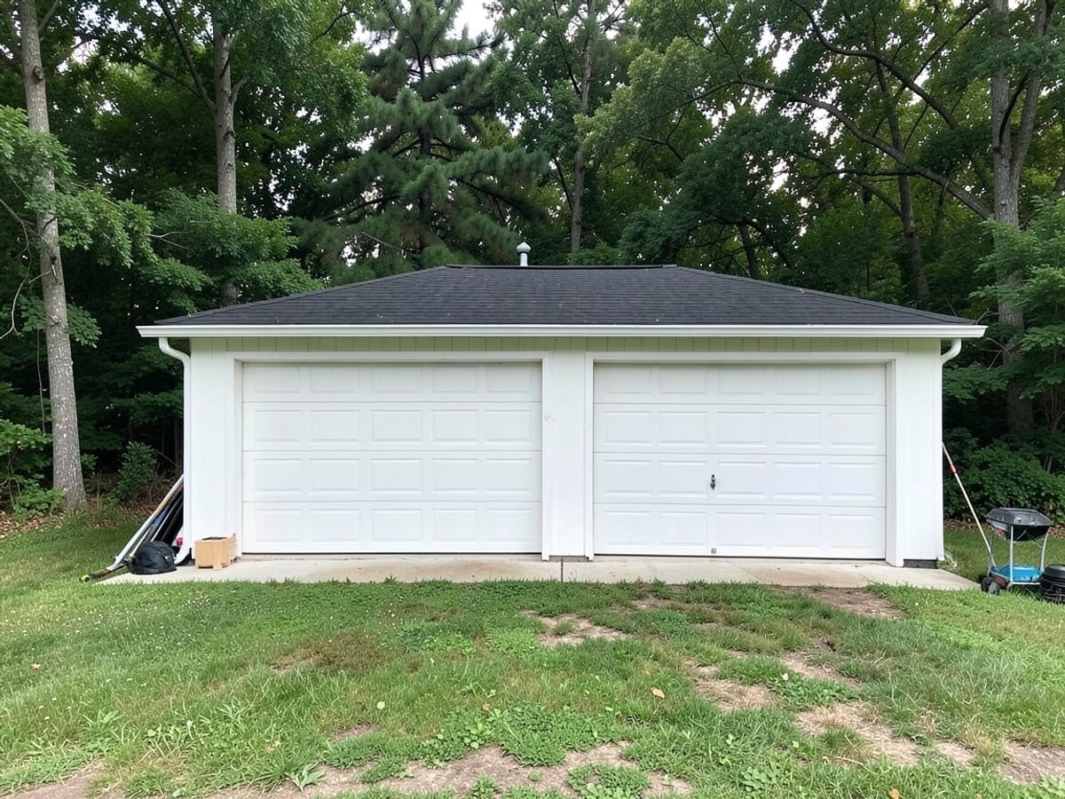 white garage with a black roof and two doors sits on a grassy lawn, backed by a natural canopy of trees.