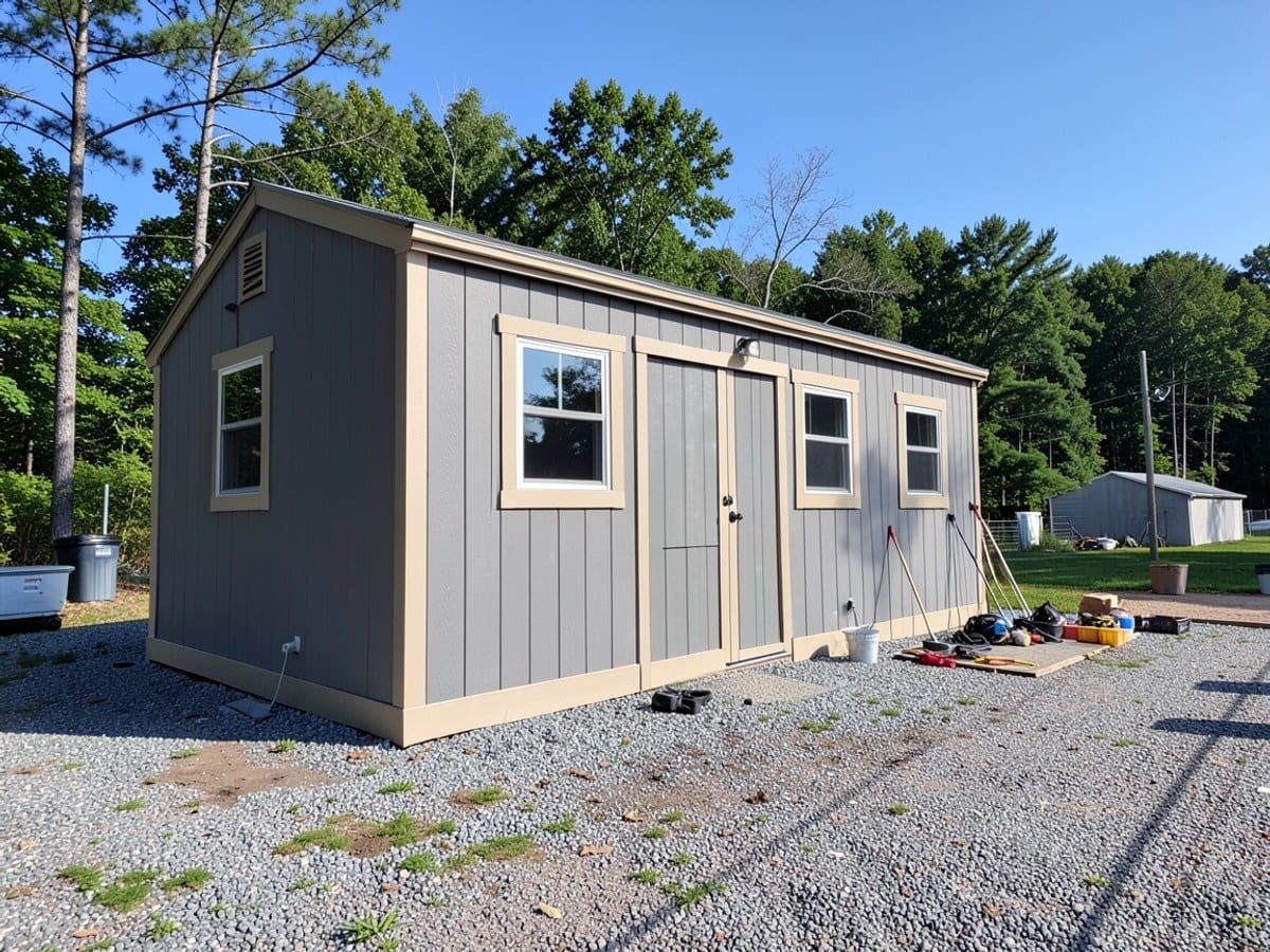 gray wooden shed with beige trim, three windows, and a door, stands on a gravel lot, backed by a clear blue sky and a line of trees.