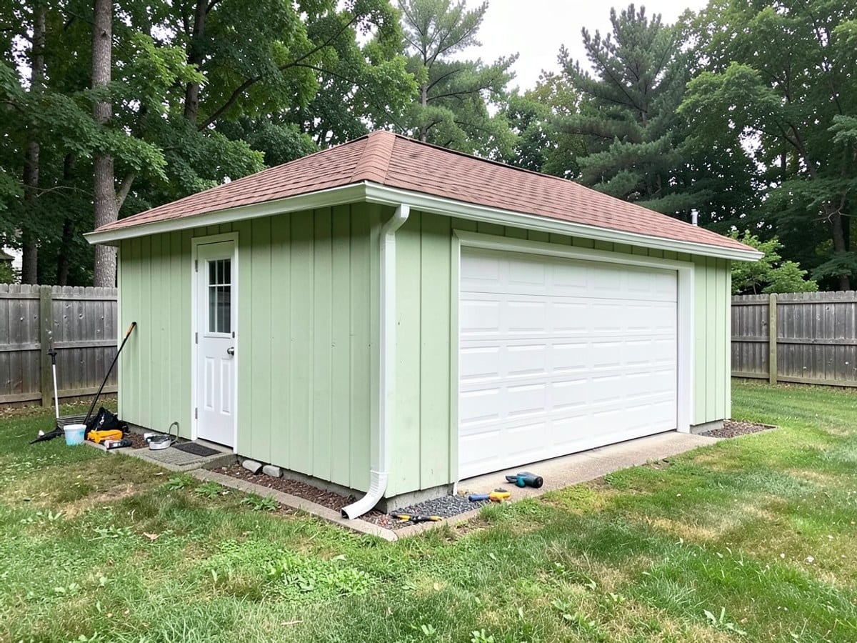 light green wooden shed with a brown shingled roof, white door, and garage door is situated on a grassy lawn, surrounded by trees and a wooden fence.