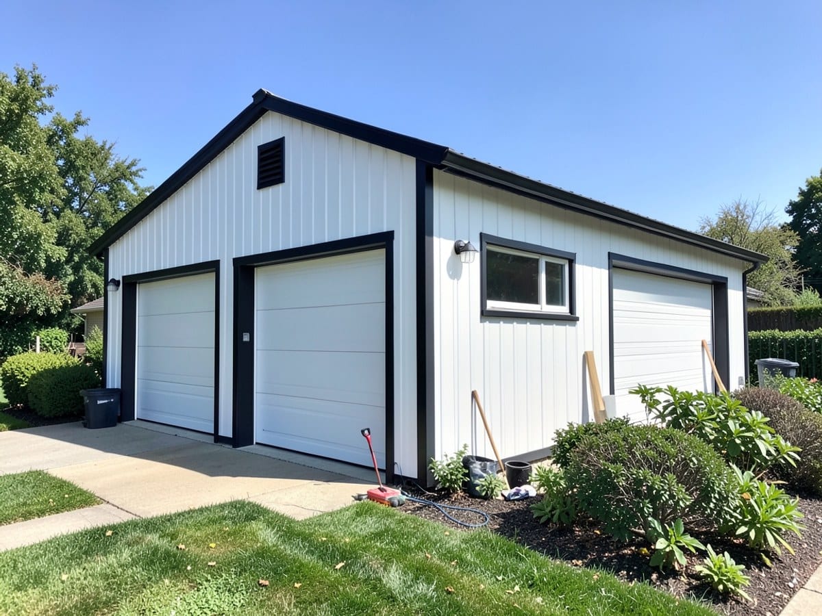 white metal garage with black trim, three garage doors, and a small window stands amidst a well-maintained garden, backed by a clear blue sky.