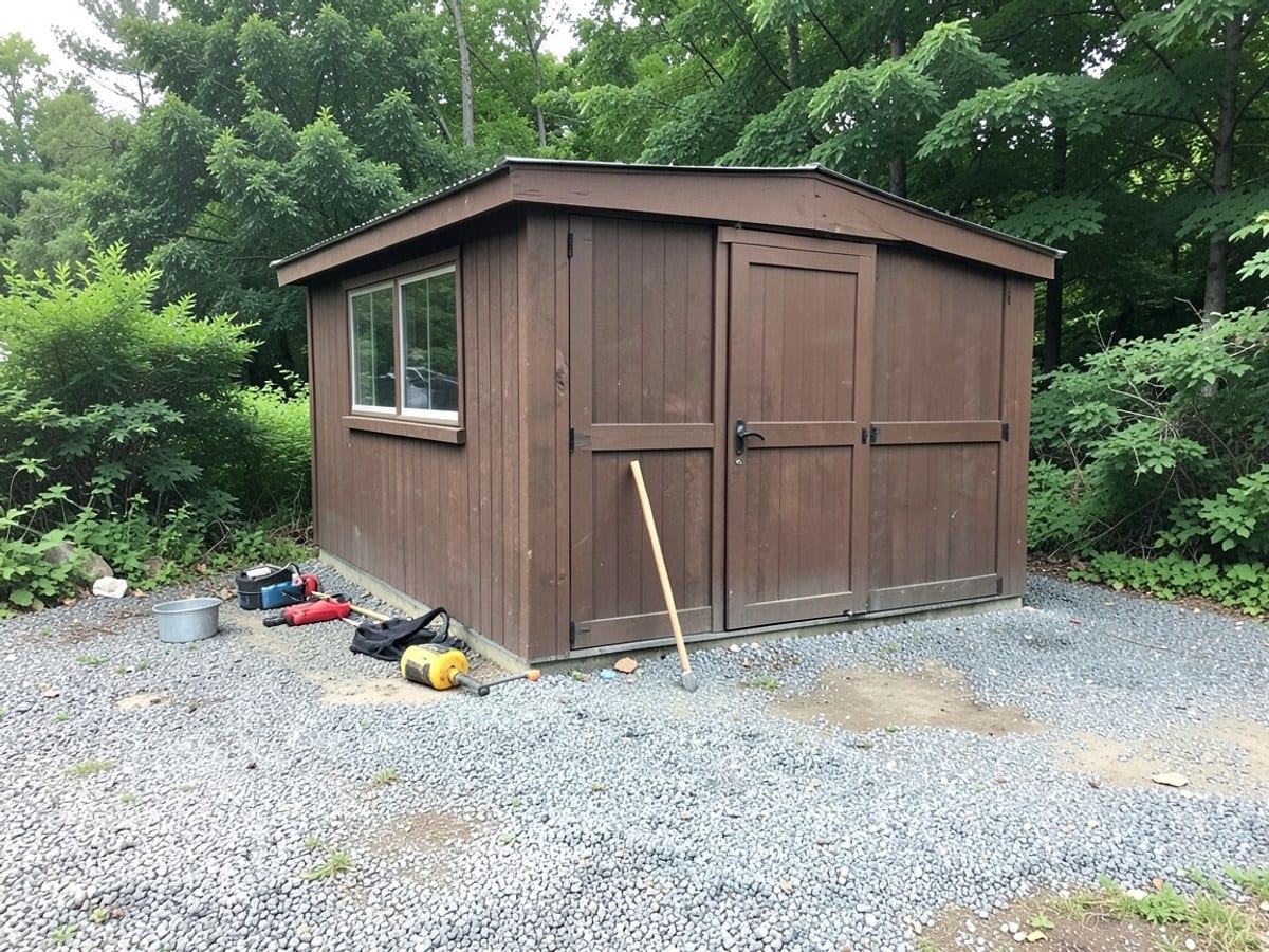 brown wooden shed with double doors, windows, and a door stands amidst a gravel lot, surrounded by green trees and bushes.